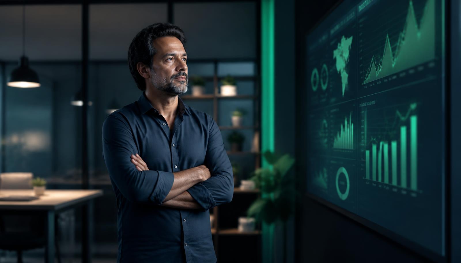 Empresário observando painel de indicadores do próprio site